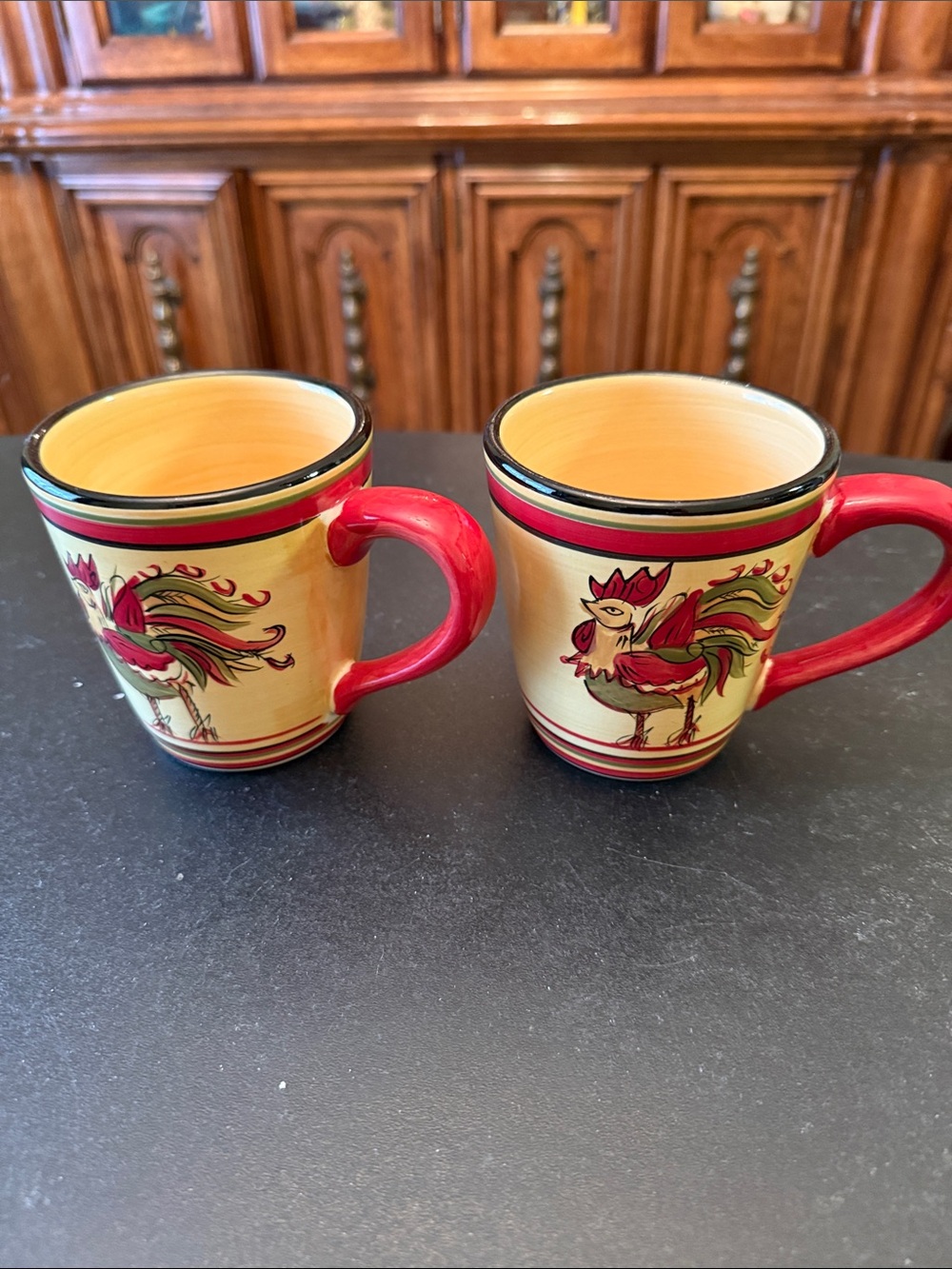 Tabletops Set of 2 Hand-Painted Rafeal Rooster Ceramic Coffee Mug- Red and Cream